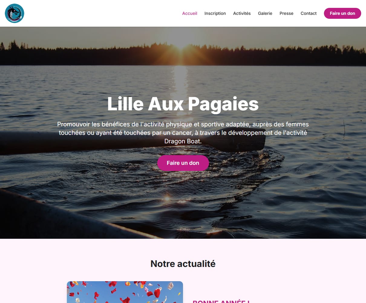 Nouvelle page d’accueil de Lille Aux Pagaies : grande photo d’un lever de soleil sur l’eau, mission du club et bouton « Faire un don ».
