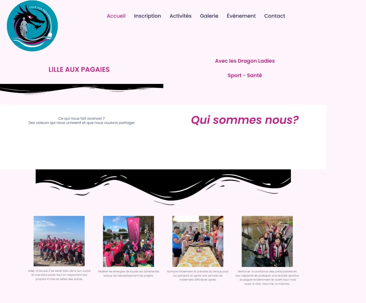 Ancienne page d’accueil de Lille Aux Pagaies : logo, titre en petits caractères, grands blocs vides et traits décoratifs noirs.